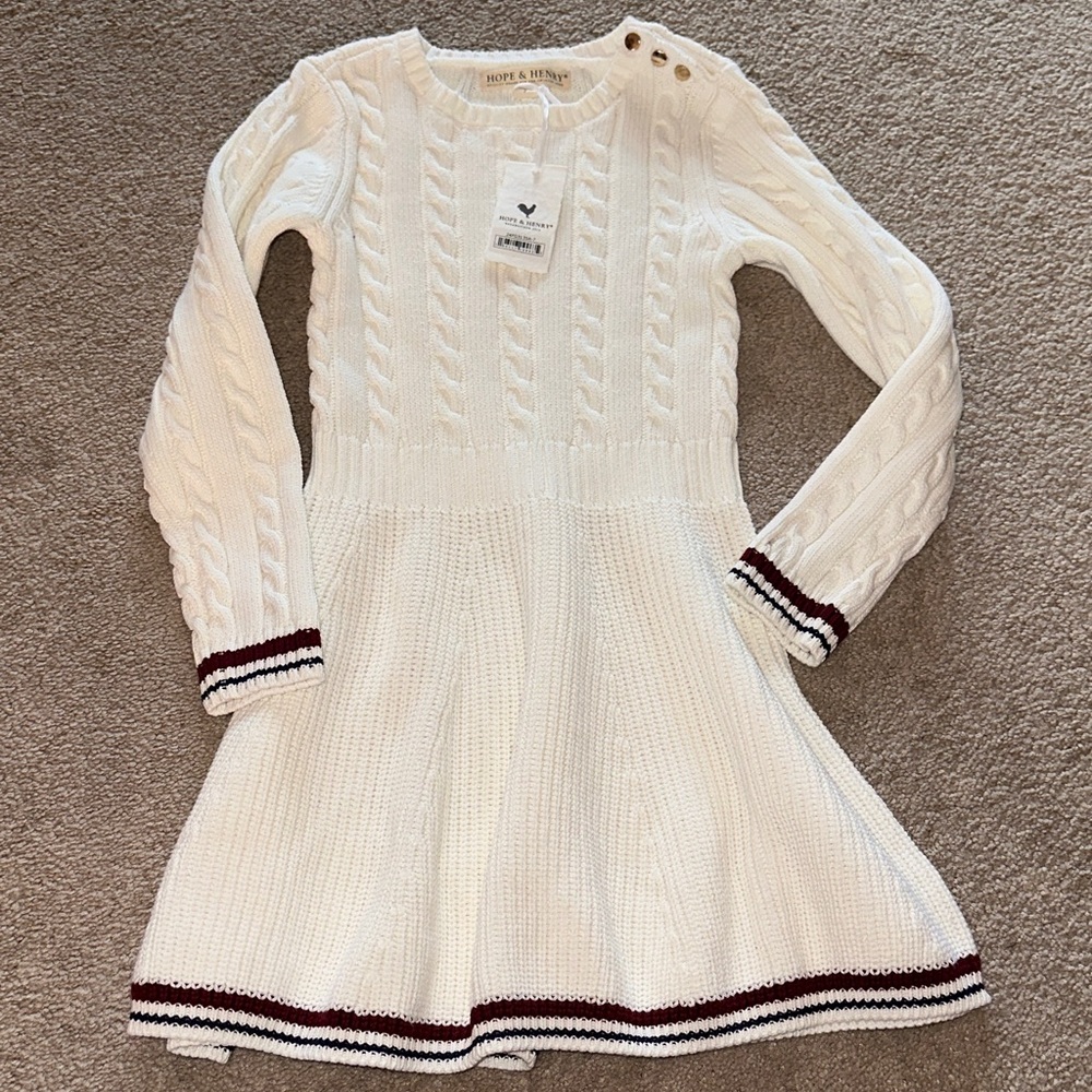 Hope & Henry Girls' White Cable-Knit Formal Dress with Maroon Trim